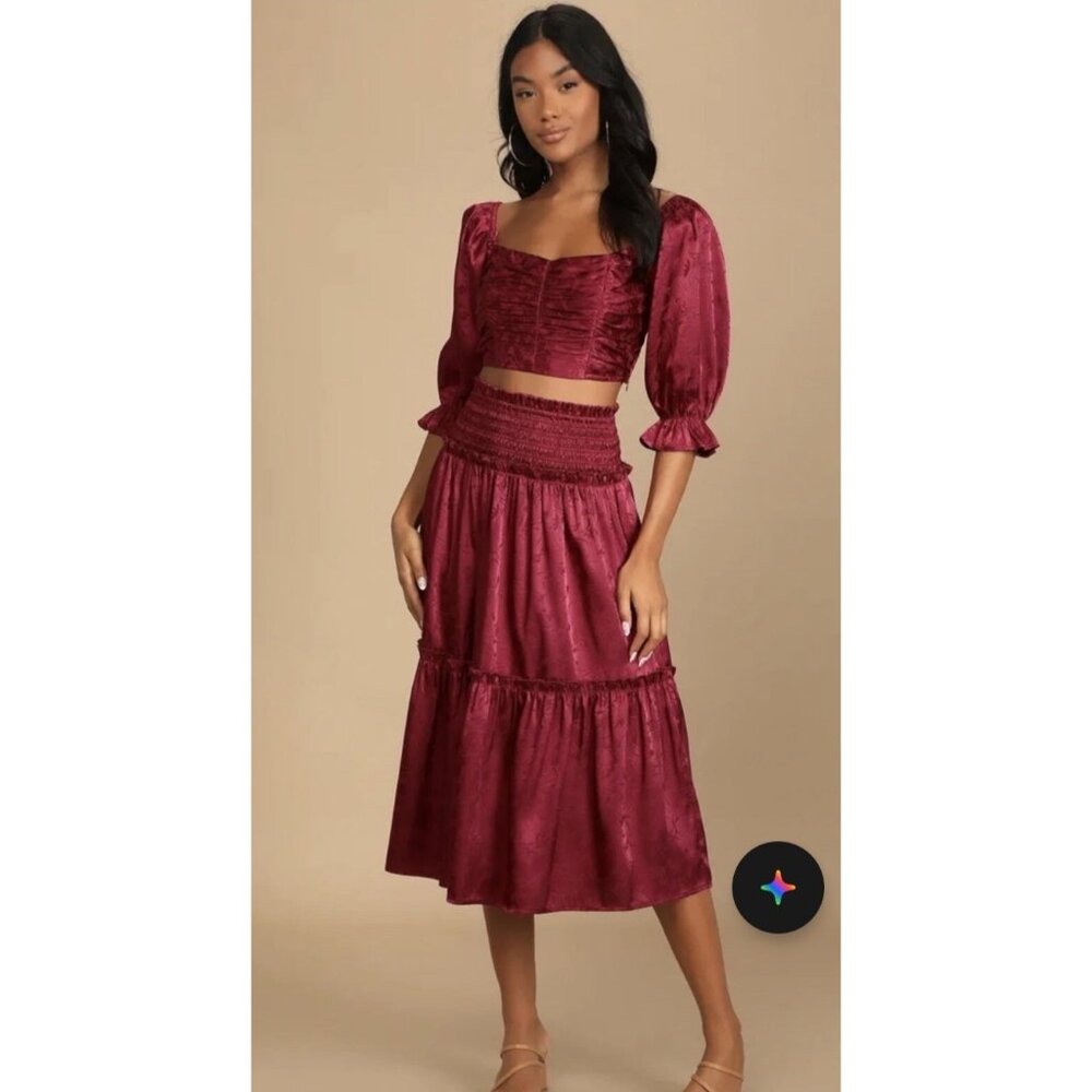 Lulus Whirlwind Romance Burgundy Satin Floral Jacquard Two Piece Dress Small NWT